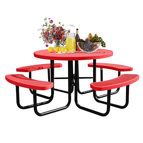 46'' Round Metal Picnic Table for Outdoors, Commercial Steel Metal Picnic Tables, Heavy Duty Sturdy Picnic Tables Furniture Set for Patio Garden Courtyard BBQ, with Umbrella Hole, Red - color: Red, size: 46in Round