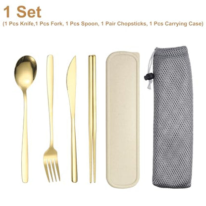 uxcell Travel Utensils with Case, Stainless Steel Portable Silverware, Gold - color: Gold