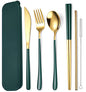 AARAINBOW 6 Pieces 18/8 Stainless Steel Flatware Set Portable Reusable Cutlery Set Travel Utensils Set Including Chopsticks Knife Fork Spoon Straws Cleaning Brush Dishwasher Safe (Green golden) - color: Green golden