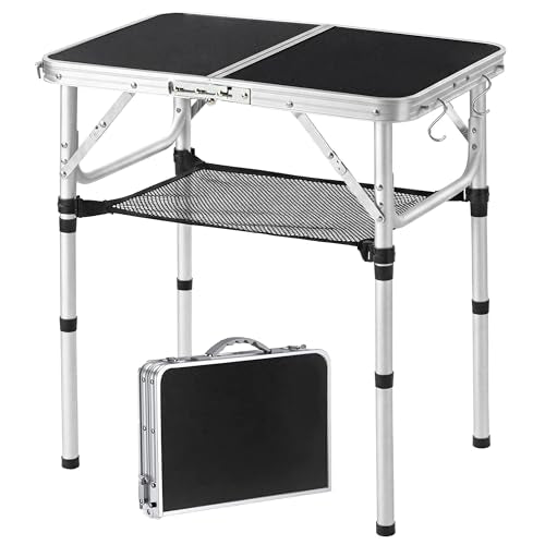 YUFIFAIRY Small Folding Table 2 Foot, Portable Camping Table with Mesh Holders,Lightweight Aluminum Adjustable Height, with Carry Handle for Camping Picnic Indoor Outdoor 24 x 16 x27.5 (Black) - color: Black, size: 24''L x16''Wx27"H