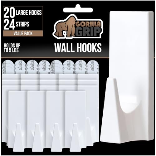 GORILLA GRIP Heavy Duty Reusable Wall Hooks for Hanging, 20 Pack and 24 Strips, Easy Install Stick on Removable Adhesive Hook, No Nail Damage, Multisurface Use for Christmas Decorations, Plastic - size: 20 Pack (24 Strips)
