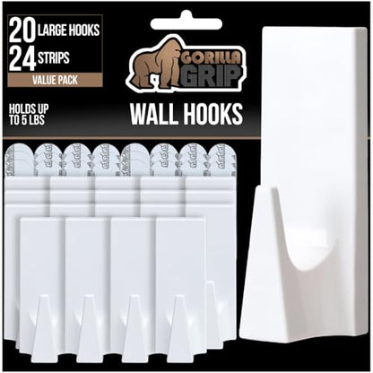 GORILLA GRIP Heavy Duty Reusable Wall Hooks for Hanging, 20 Pack and 24 Strips, Easy Install Stick on Removable Adhesive Hook, No Nail Damage, Multisurface Use for Christmas Decorations, Plastic - size: 20 Pack (24 Strips)