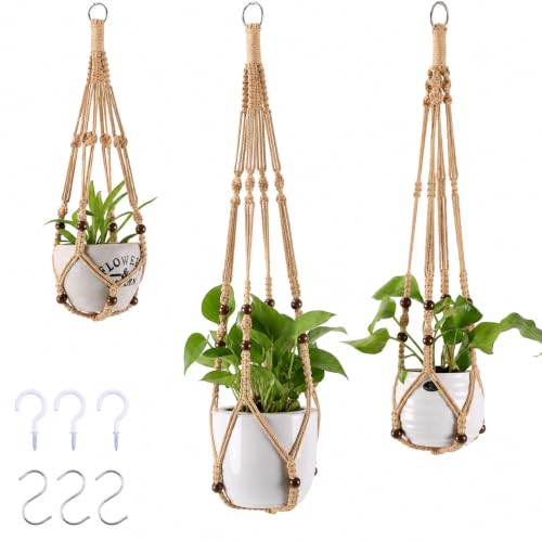 3-Pack Macrame Plant Hanger Indoor - Hanging Planter Basket for Indoor Outdoor - Decorative Boho Plant Holders Set with Beads - Ceiling Flower Pot Holder with 6 Hooks - 35"/30"/24" Linen - color: Linen