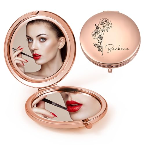 Personalized Compact Mirror for Women - Pocket Mirror for Women,Custom Birthflower Travel Makeup Mirror for Wife, Mom, Bridesmaid Gifts for Daughter Friend (Rose Gold) - color: Rose Gold