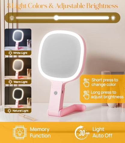 Gospire 6.8" Travel Vanity Mirror, 3-in-1 Hanging/Handheld/Desktop Use with Dual-Side Buttons, 1X/10X Magnification, 3-Color Dimmable LED, Auto Memory + Velvet Pouch (Pink) - color: Pink