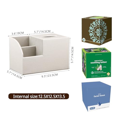 PU Leather Square Tissue Box Cover - Multi-Functional Tissue Box Holder, Tissue Box Cover with Storage,Tissue and Remote Control Holder, Cube Tissue Box Organizer Bedroom Nightstand End Table - color: Beige White