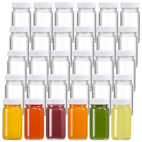 30 Pack 2 oz Glass Shot Bottles w/ White Lids & 30 Labels - Small Clear Jar for Ginger, Wellness Shot, Juice, Sample, Whiskey - Travel Essentials Mini Bottles - Wide Mouth, Leakproof, Dishwasher Safe - color: White Lid, size: 30 Pack