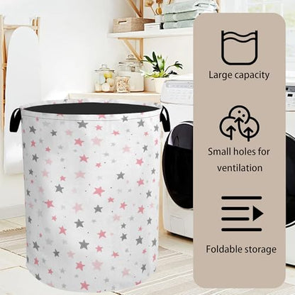 Cute Pink Stars Foldable Canvas Laundry Basket with Handles - Toy Organizer, Heavy Duty for Home，Bedroom, Dorm, Bathroom - color: Cute Pink Stars