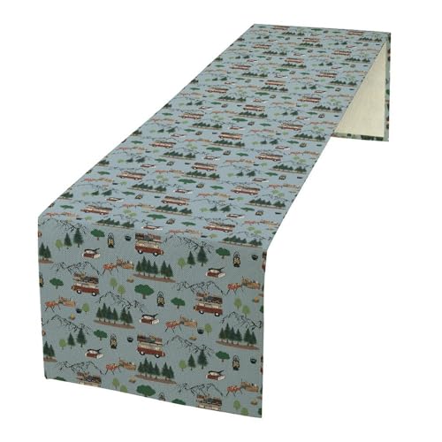 Happy Camping Table Runner Camper Travel Forest Blue Background Pattern Decor for Indoor Outdoor Party Dinner Festival Rustic Farmhouse Holiday Home Kitchen Dining Room, 13x36in - color: Camping-dark, size: 13x36in