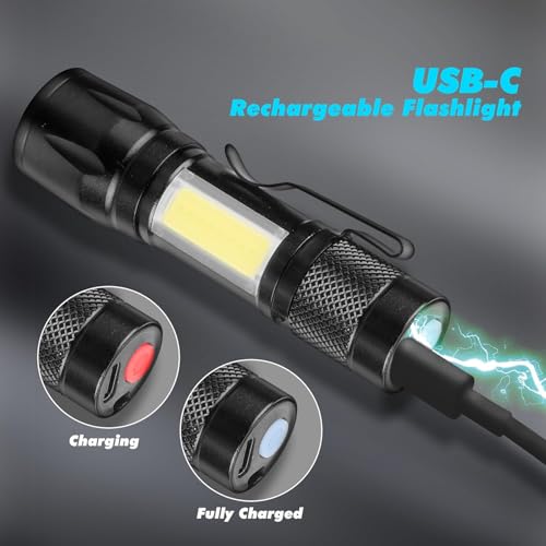 KunHe 6 Pack Rechargeable Flashlights USB-C Zoomable Mini LED Bright Clip-On EDC Flashlight with Side COB Light for Camping Home Emergency - size: 6 PACK