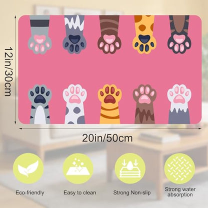 Cat Food Mat Pet Feeding Mat Paw 12" X 20" Non-Slip Super Absorbent, Dog Food Mat Pet Supplies for Floor (Pink) - color: Pink