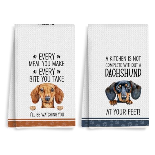 2Pcs Funny Dachshund Kitchen Dish Towels Set, Dachshund Gifts Waffle Weave Kitchen Towels, Wiener Dog Decorative Hand Tea Towels for Bathroom Kitchens, Wiener Dog Gifts for Women - color: Dachshund 0322