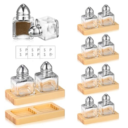 12 Pcs Mini Salt and Pepper Shakers Set with 6 Wood Organizer Sticker 0.5 oz Small Glass Salt and Pepper Shakers Bulk Tiny Individual Salt and Pepper Shakers Cube Spice Jars for Travel Party Camping