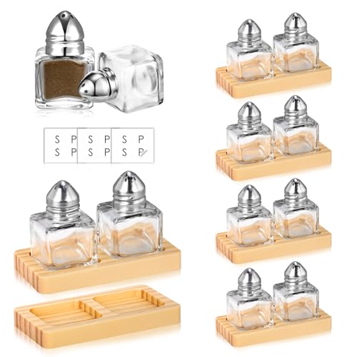 12 Pcs Mini Salt and Pepper Shakers Set with 6 Wood Organizer Sticker 0.5 oz Small Glass Salt and Pepper Shakers Bulk Tiny Individual Salt and Pepper Shakers Cube Spice Jars for Travel Party Camping