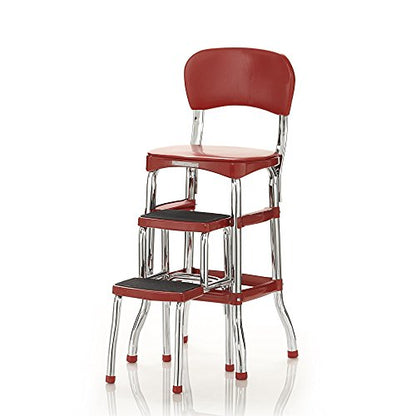 COSCO Stylaire Retro Chair + 2-Step Step Stool with Pull-Out Steps, 7 Ft. 11in Max Reach, 200 lb Weight Capacity, Steel and Vinyl (Red, one pack) - color: Red