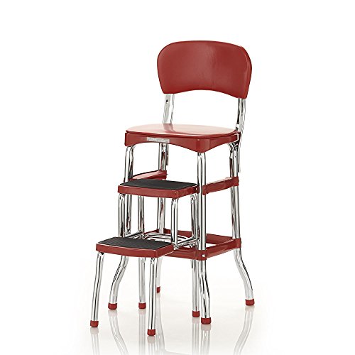 COSCO Stylaire Retro Chair + 2-Step Step Stool with Pull-Out Steps, 7 Ft. 11in Max Reach, 200 lb Weight Capacity, Steel and Vinyl (Red, one pack) - color: Red