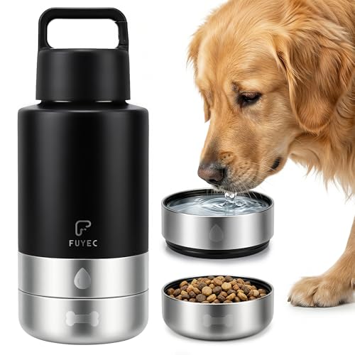 Dog Water Bottle with 2 Bowls, 32 oz Insulated Stainless Steel Portable Pet Travel Bottle, Food and Water Bowl Set for Walking Hiking Camping, Large Dog Accessories, Black - color: balck