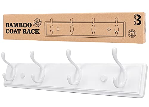 Badiano Wooden Coat Rack, Wall-Mounted Organizer for Closet, Entryway, Hallway, Foyer, Bedroom, Heavy Duty Double Hooks for Hanging Towels, Bags, Hats, Jackets, Key (White, 4 Hooks) - color: White, size: 4 Hooks