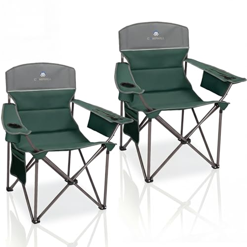 Oversized Camping Chairs 2 Pack - Heavy Duty 400LBS Padded Lawn Chair with Cooler Bag,Cup Holder,Side Pocket,Collapsible for Outdoor,Camp,Fishing & Garden,Dark Green - color: Dark Green