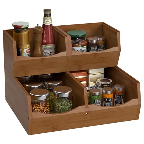3 Set Bamboo Pantry Organizers and Storage, Open Front Vegetable Fruit Seasonings Stackable Storage Bins, Compact Stacking Storage Bins for Pantry, Bedroom, Office, Kitchen Counter Organizer (Walnut)