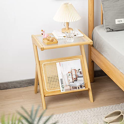 Tiita Rattan Side Table, Mid Century Nightstand, Bamboo Accent Bedside Tables, Glass Coffee Tables, Boho Wooden End Table with Storage for Small Space, Living Room and Bedroom - color: Rattan-s-wood