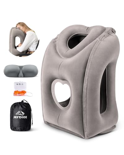 Inflatable Travel Pillow, Airplane Neck Pillow Comfortably Supports Head and Chin for Airplanes, Trains, Cars Office Napping on The Tray Table (Grey) - color: Grey(upgraded)