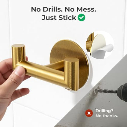 GWAAZXGZ 2 Pack Brushed Gold Bathroom Hooks for Towels - Self Adhesive Double Hooks for Wall, No Drilling, Stainless Steel 304, Strong Hold for Robes, Coats, Shower Use - color: Gold
