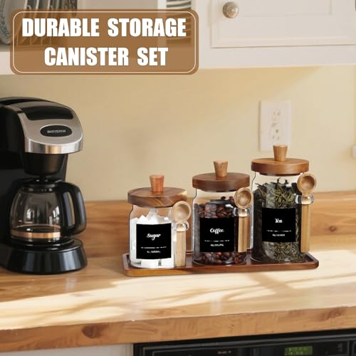 Suclain 3 Pcs Glass Coffee Container with Wooden Lid Spoon Shelf Labels Clear Airtight Jar Food Storage Canister Set for Sugar Spice Coffee Bean Holder Housewarming Gift(13.5,20,25 oz,Acacia Brown) - size: 13.5,20,25 oz