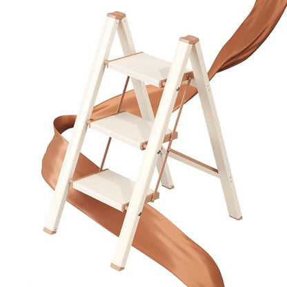 3 Step Ladder, Folding Step Stool with Wider Pedal, Anti-Slip Feet & Non Slip Stripes, Aluminum Sturdy Material, 300Lbs Capacity, Elegant Look of Cream Chocolate Better Matches Your Home - color: Cream Chocolate, size: 3 Step