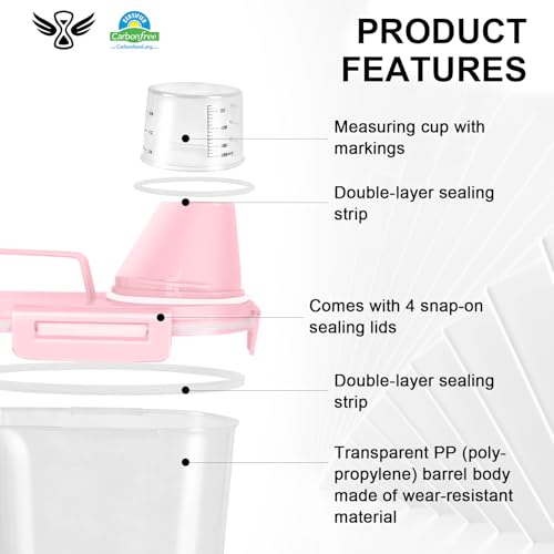LEAWALK Airtight Rice Storage Container, Cereal Dry Food Flour and Sugar Bin, Dog Cat Food Dispenser with Measuring Cup, BPA Free Clear Plastic Kitchen (Pink x 2, 3L-2pack) - color: Pink x 2, size: 3L-2pack