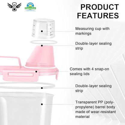 LEAWALK Airtight Rice Storage Container, Cereal Dry Food Flour and Sugar Bin, Dog Cat Food Dispenser with Measuring Cup, BPA Free Clear Plastic Kitchen (Pink x 2, 3L-2pack) - color: Pink x 2, size: 3L-2pack