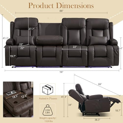 TUNYI Power Loveseat Recliner Sofa with Massage & Heat Home Theater Seating with Console RV Recliner Loveseat Sofa with USB/Storage/Side Pocket/LED Light/Speaker (Brown, 4 Seat) - color: Brown, size: 4 Seat