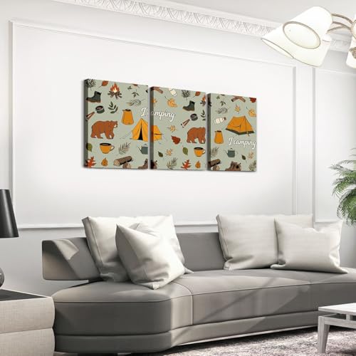 Erosebridal Vintage Camper Framed Wall Decor Happy Camping Canvas Wall Art For Bedroom Bathroom Wild Animals Bear Hunting Paintings Posters 3 Piece 12"X16" Camping Adventure Cabin Pictures Prints - color: Sage Green Orange Brown