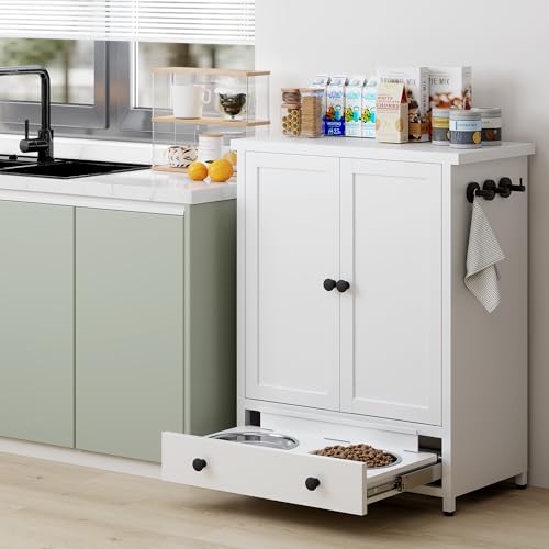 Dog Feeding Station with Storage, Metal Dog Food Storage Cabinet with 2 Elevated Bowls and 3 Hooks, Pet Feeding Station and Dogs Food Storage Organizer, White - size: Metal White