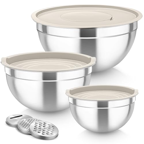 TeamFar Mixing Bowls, Stainless Steel Nesting Salad Bowls with Lids Set of 3 & 3 Grater Attachments, For Mixing/Serving/Storing, Non-toxic & Long-lasting, Size 4.6/3 / 1.5 QT, Khaki - color: Khaki, style: Airtight Lids
