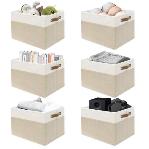 SNWDN 6 Pack Fabric Storage Baskets for Organizing Collapsible Fabric Storage Bins with Handles for Home organization and storage (White/Beige 15''Lx10.2''Wx9''H) - color: White/Beige, size: Rectangle (6 Pack 15''Lx10.2''Wx9''H)