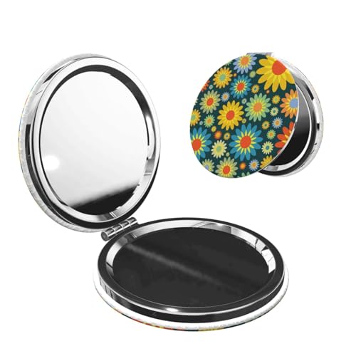 Abstract Hippie Flower Print Foldable Travel Pocket Mirror Round PU Leather Portable Mini Makeup Double Sided Handheld Magnifying,2.6 in - color: Abstract Hippie Flower