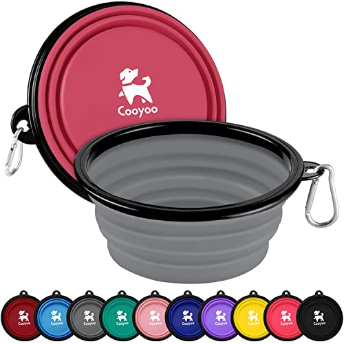 COOYOO Collapsible Dog Bowl,2 Pack Collapsible Dog Water Bowls for Cats Dogs,Portable Pet Feeding Watering Dish for Walking Parking Traveling with 2 Carabiners - color: 08#Peach Pink+Grey, size: Large