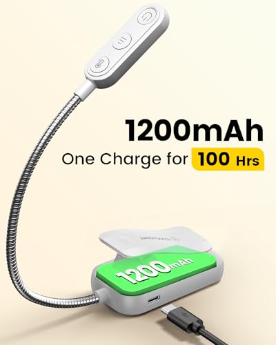Glocusent 20 LED Reading Lights for Books in Bed, Eye Caring Reading Light, 5 Colors & 5 Brightness 3–100LM Dimmable, 1200mAh Rechargeable Book Light to 90H, Lightweight Clip on Light for Book Lovers - color: White