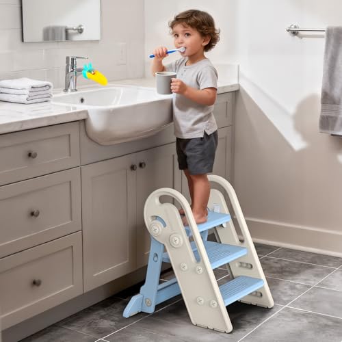 Onasti Toddler Step Stool with Handles, Adjustable Kids Stool Converts from 3-Step to 2-Step, Non-Slip and Anti-Tip Design for Safer Potty Training, Bathroom Sink and Kitchen Counter- Blue - color: Baby Blue