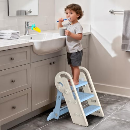 Onasti Toddler Step Stool with Handles, Adjustable Kids Stool Converts from 3-Step to 2-Step, Non-Slip and Anti-Tip Design for Safer Potty Training, Bathroom Sink and Kitchen Counter- Blue - color: Baby Blue