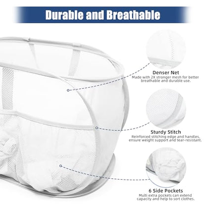 Collapsible Laundry Baskets, Upgrade Pop Up Laundry Hamper with Convenient Bags, Foldable Laundry Basket Mesh Light Weight, Easy to Carry Clothes Hampers for Laundry, Dorm, Toys, Travel White - color: White