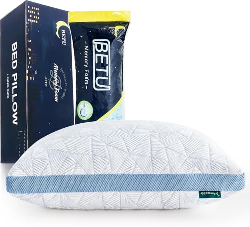 BETU Cooling Standard Pillow, Shredded Memory Foam Cool Pillow for Hot Sleepers, Adjustable Firm Soft Support Bed Pillows Perfect for Back Neck Pain and Side Sleeping with Pillows Case Cover, Blue - color: Blue, size: Standard Size Pack of 1