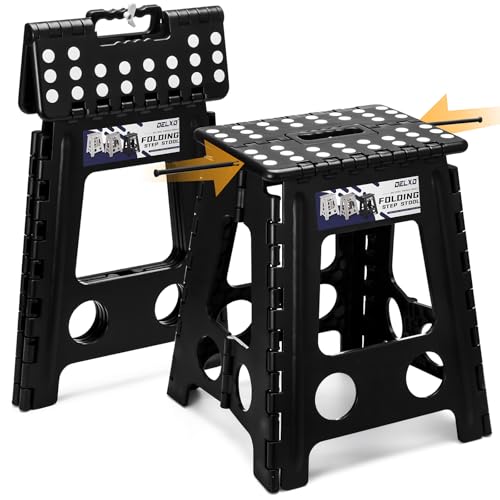 Delxo 16 Inch Folding Step Stool,Foldable Stool for Adults with Safety Lock,Portable Collapsible Plastic Stepstool,Non Slip Folding Stools for Kitchen Bathroom Bedroom Up to 400LBS,(Black 1PC) - color: Black, size: 16 Inch