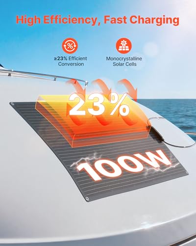 VEVOR Flexible Solar Panel, 100W Semi-Flexible Bendable Monocrystalline Solar Panel, 23% Efficiency Mono Off-Grid Charger with MC4 Output, IP67 Waterproof for Marine RV Car Cabin Curved Surfaces - size: 100W