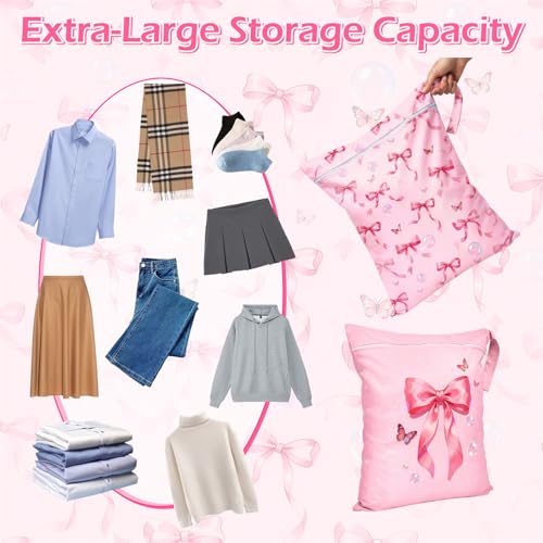 2 Pcs Large Travel Laundry Bags Waterproof Wet Dry Bag, Washable Dirty Clothes Bags for Travel，Drawstring, Bathing Suit, Workout, Gym Clothes Laundry, Swimming Pool & College Dorm, Pink Butterfly Bow - color: Pink Butterfly Bow