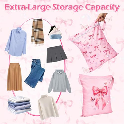 2 Pcs Large Travel Laundry Bags Waterproof Wet Dry Bag, Washable Dirty Clothes Bags for Travel，Drawstring, Bathing Suit, Workout, Gym Clothes Laundry, Swimming Pool & College Dorm, Pink Butterfly Bow - color: Pink Butterfly Bow