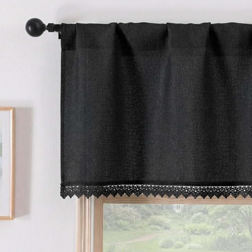 Chyhomenyc Black Lace Window Valances - Light Filtering Faux Linen Short Kitchen Valance Curtains, Rod Pocket Boho Vintage Topper Farmhouse Valance for Living Room Bathroom, 52Wx18L, 1 Piece - color: Black, size: 52"W x 18"L (Pack of 1)
