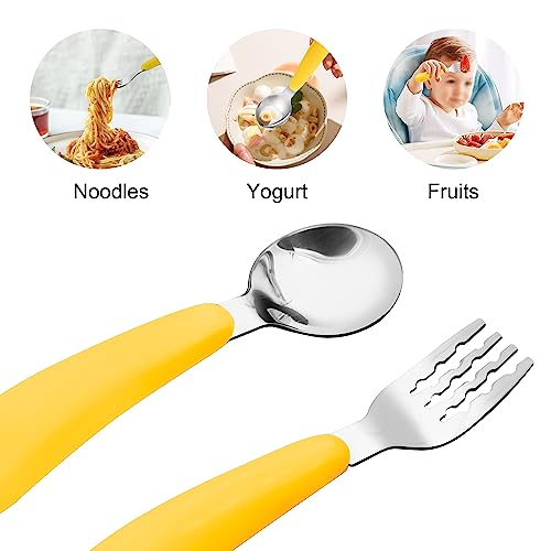 VANRA 2 Pieces Toddler Fork and Spoon Set with Travel Case 18/8 Stainless Steel Toddler Utensils Kids Silverware Children Flatware Child Cutlery Set for School Lunch Box (Yellow) - color: Yellow