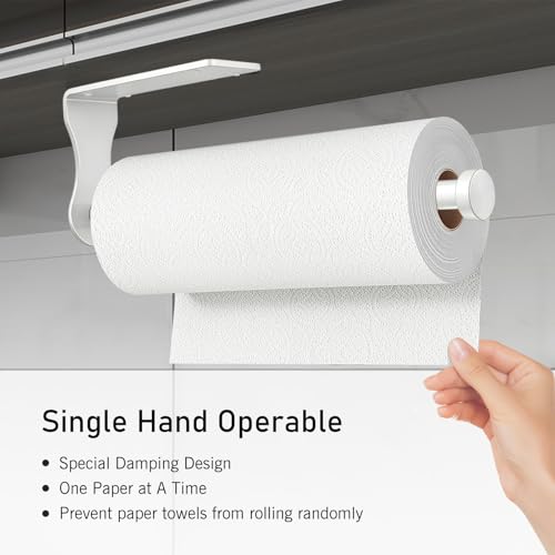 SetSail Paper Towel Holder, Paper Towel Holder Under Cabinet with Adjustable Damper Easy Tear Wall Mount Self-Adhesive or Drilled for Kitchen Bathroom, White - color: White